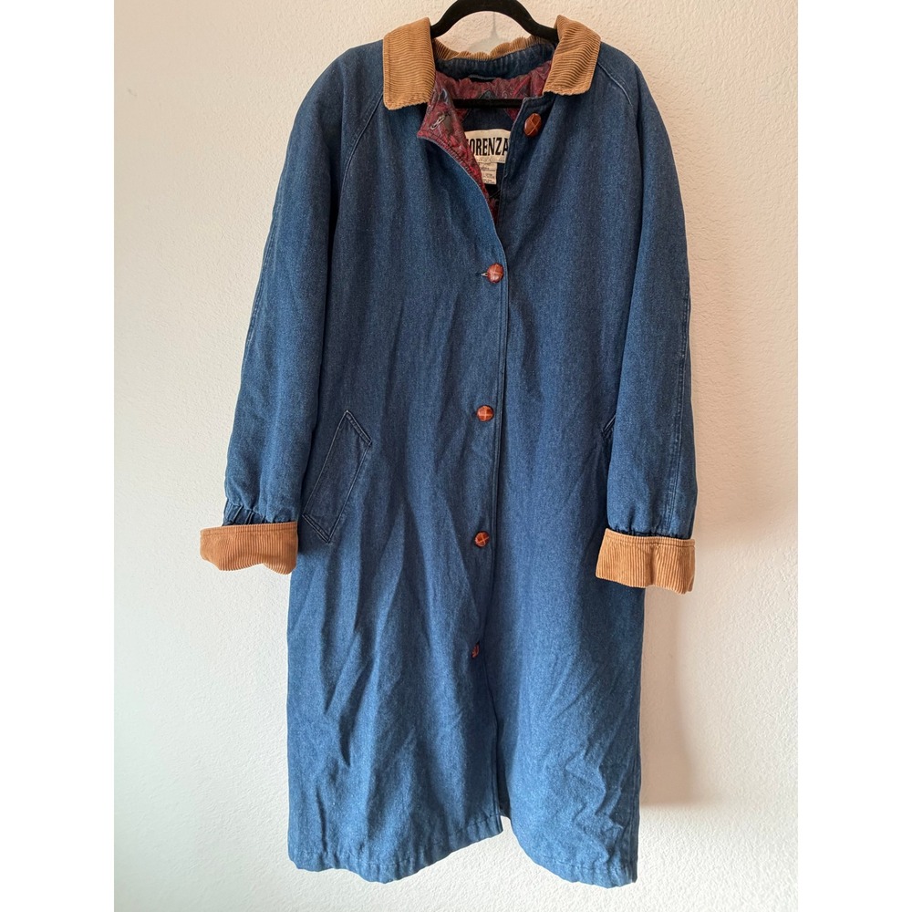 Vintage Forenza Denim Duster Coat Corduroy Trim Paisley Quilted Lining Blue L